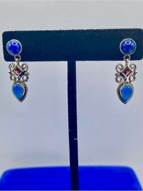 Sterling Silver LT Lapis Chalcedony & Garnet Earrings